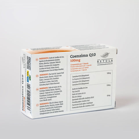 Coenzima Q10 100 mg 30 Caps Bétula — verso com tabela nutricional e ingredientes