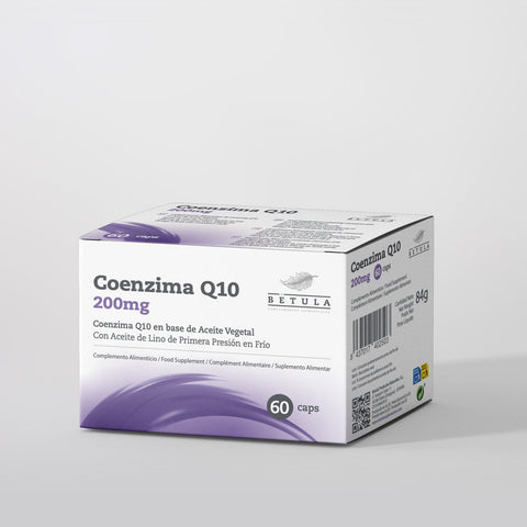 Coenzima Q10 200 mg Bétula, frasco de 60 cápsulas moles de ubiquinona em óleo de sementes de linho