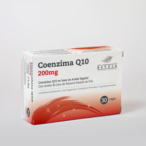 Frasco de Coenzima Q10 200 mg Bétula com 30 cápsulas moles de ubiquinona em óleo de sementes de linho