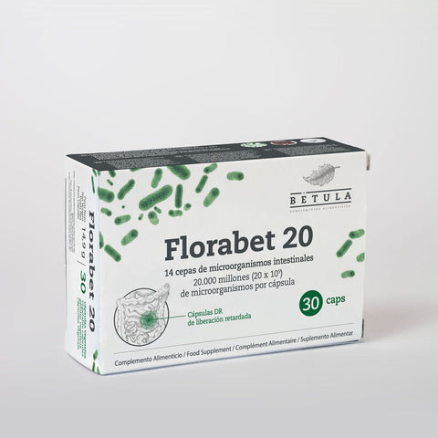 Florabet 20 Bétula, frasco de 30 cápsulas de libertação retardada com 14 estirpes de microrganismos