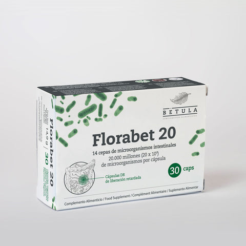 Florabet 20 Bétula, frasco de 30 cápsulas de libertação retardada com 14 estirpes de microrganismos