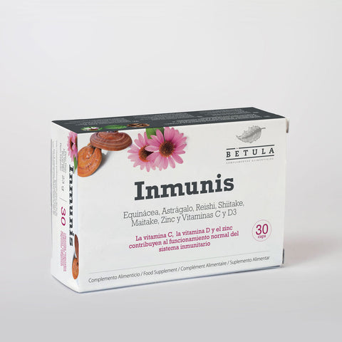 Inmunis Bétula, equinácea com cogumelos, vitamina C, D3 e zinco, frasco de 30 cápsulas
