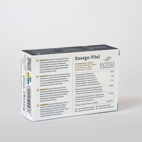 Energo Vital 30 Caps Bétula — verso com tabela nutricional e ingredientes