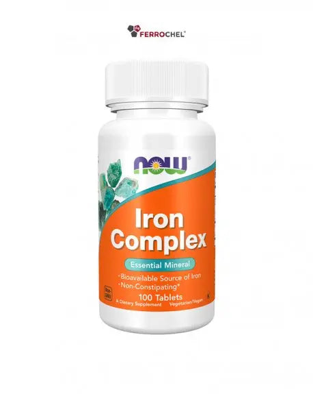 Embalagem Iron Complex NOW Foods 100 comprimidos suplemento de ferro vegetariano com B12 e ácido fólico