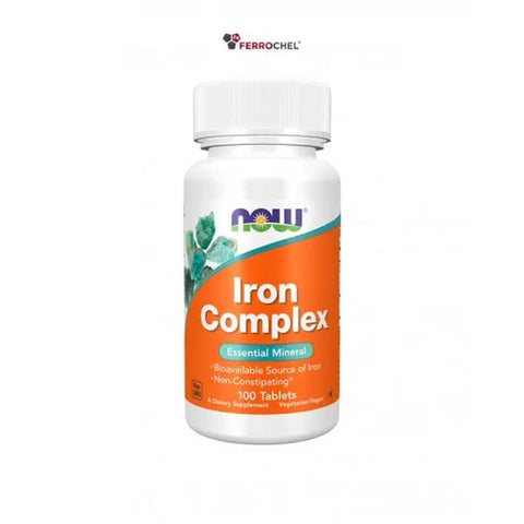 Embalagem Iron Complex NOW Foods 100 comprimidos suplemento de ferro vegetariano com B12 e ácido fólico