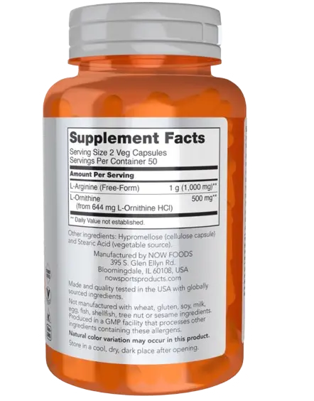 L-Arginina / Ornitina 500mg/250mg 100 Caps Now Sports NOW