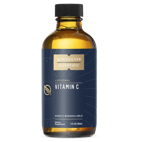 Frasco de Vitamina C Lipossomal Quicksilver Scientific com conta-gotas e doseador sobre fundo neutro, suplemento líquido para apoio imunitário