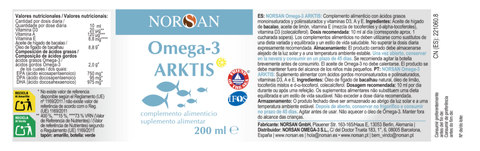 Rótulo do NORSAN Ómega-3 ARKTIS com tabela nutricional, ingredientes e modo de uso