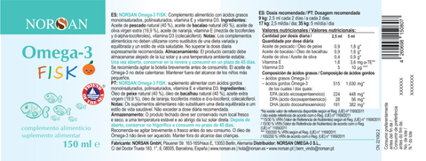 Rótulo do NORSAN Ómega-3 FISK com tabela nutricional, dose por peso e ingredientes