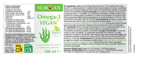 Rótulo do NORSAN Ómega-3 VEGAN com tabela nutricional, ingredientes e modo de uso