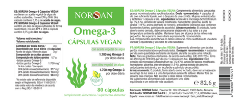 Rótulo das NORSAN Ómega-3 Cápsulas VEGAN com composição, ingredientes e modo de uso