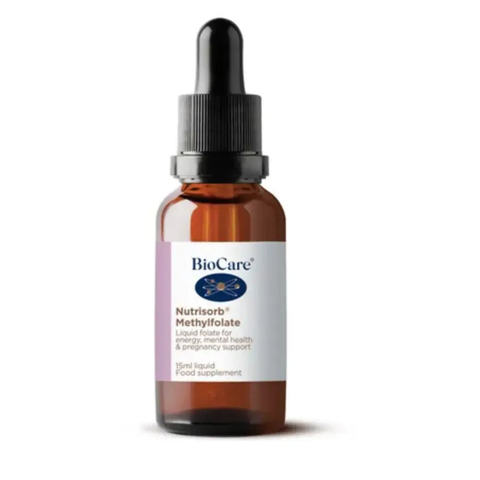 Frasco de Nutrisorb Methylfolate da BioCare em vidro âmbar com conta-gotas, suplemento líquido vegan de metilfolato 400 µg