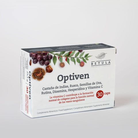 Optiven Bétula, embalagem de 30 cápsulas vegetais com castanha-da-índia, gilbardeira e vitamina C