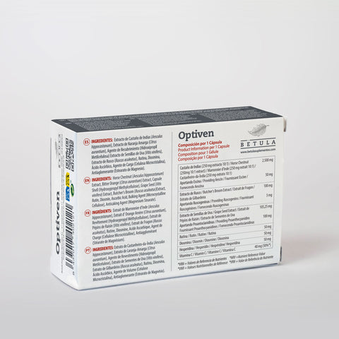 Optiven 30 Caps Bétula — verso com tabela nutricional e ingredientes