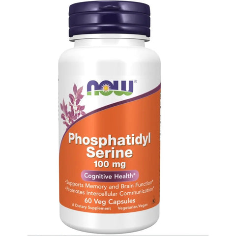Embalagem de Fosfatidilserina 100 mg da NOW Foods com 120 cápsulas vegetais vista de frente