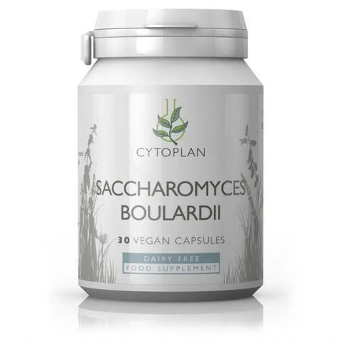 Frasco de Saccharomyces Boulardii Candi Clear da Cytoplan com cápsulas vegetais ao lado, probiótico vegan para equilíbrio digestivo