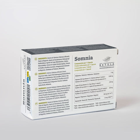 Somnia 30 Caps Bétula — verso com tabela nutricional e ingredientes