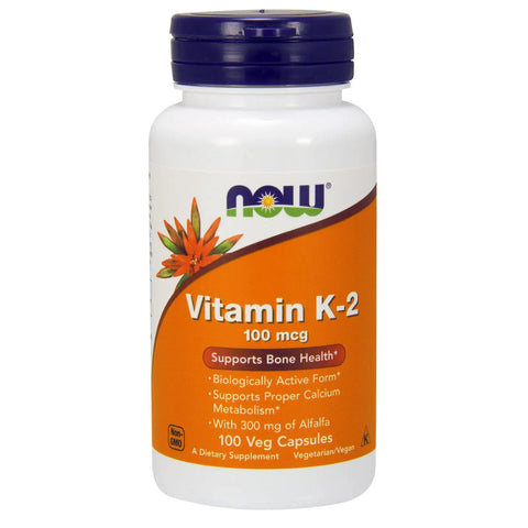 Embalagem de Vitamina K2 100 mcg MK-4 da NOW Foods com 100 cápsulas vegetais vista de frente