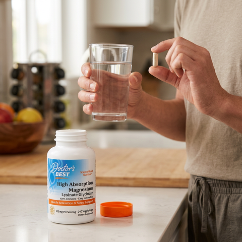 Adulto a preparar a toma de Doctor’s Best Magnesium