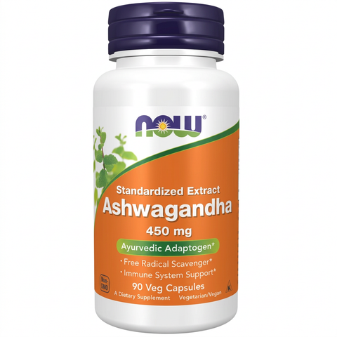 Ashwagandha NOW 450 mg em fundo branco