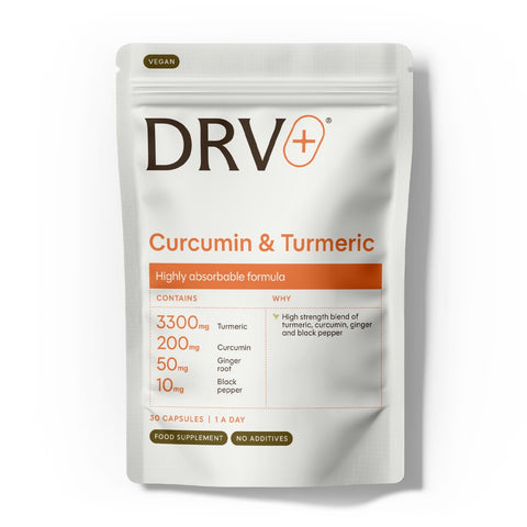 Curcumin & Turmeric DRV+ (DR.VEGAN) – cúrcuma con jengibre y pimienta negra, 30 cápsulas veganas – envase