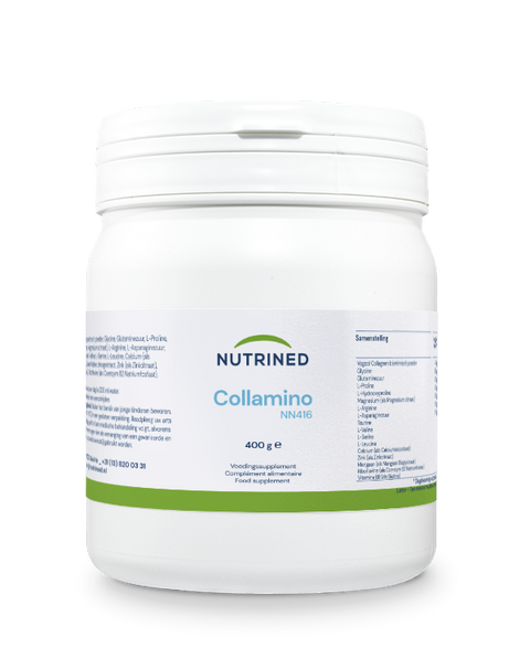 Embalagem Collamino NutriNed 495 gramas colagénio em pó com 14 aminoácidos vitaminas e minerais sabor tropical natural vista frontal