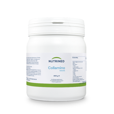 Embalagem Collamino NutriNed 495 gramas colagénio em pó com 14 aminoácidos vitaminas e minerais sabor tropical natural vista frontal