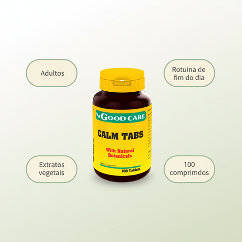 Frasco Good Care Calm Tabs com badges Adultos, Rotina de fim do dia, Extratos vegetais e 100 comprimidos