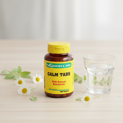 Frasco Good Care Calm Tabs junto a um copo de água e flores de camomila numa rotina de fim do dia