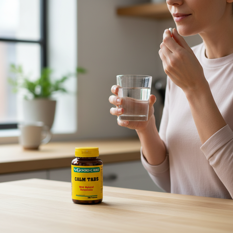 Pessoa adulta a tomar um comprimido Calm Tabs Good Care com um copo de água