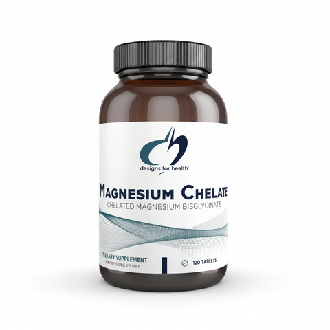 Frasco Designs for Health Magnesium Chelate com bisglicinato de magnésio sobre fundo branco