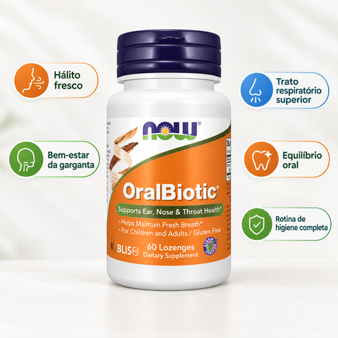 OralBiotic NOW Foods – embalagem com os destaques da fórmula
