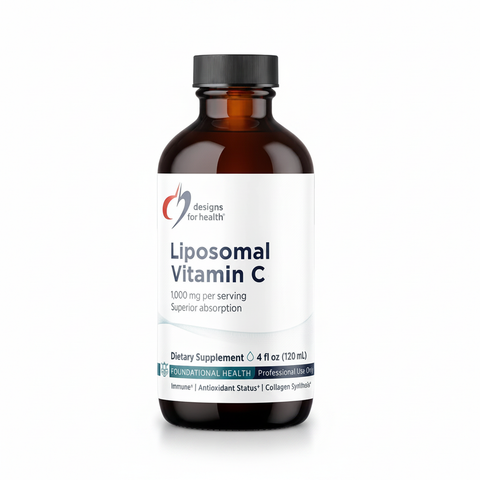 Vitamina C Lipossomal Designs for Health – embalagem sobre fundo branco
