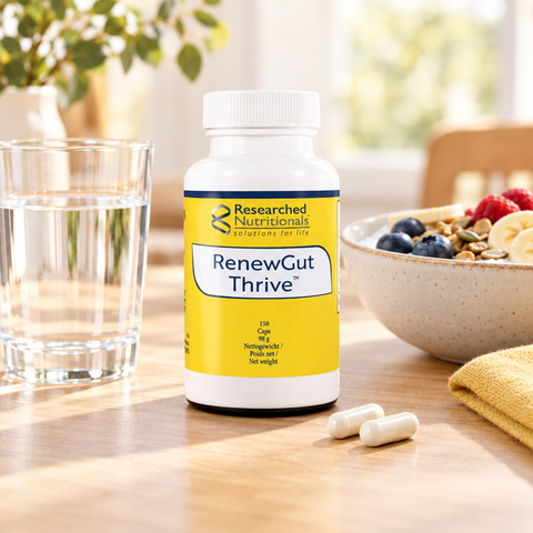 RenewGut Thrive Researched Nutritionals – embalagem numa rotina diária