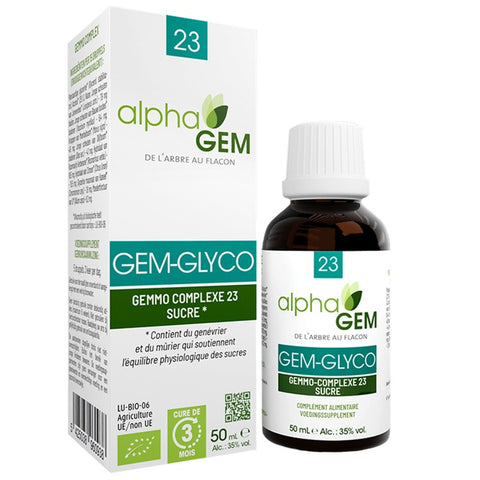 Gem-Glyco 23 Alphagem 50 ml – complexo de gemoterapia com zimbro, mirtilo, amoreira-negra, oliveira, alecrim verbenona, limão, canela e cebola