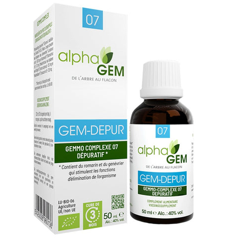 Gem-Depur 7 Alphagem 50 ml – complexo de gemoterapia com zimbro, alecrim, alcachofra e dente-de-leão
