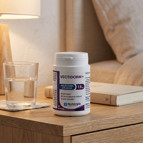 Vectidorm+ Nutergia junto a um copo de água e um livro