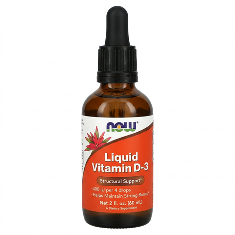 Vitamina D3 líquida NOW em fundo branco