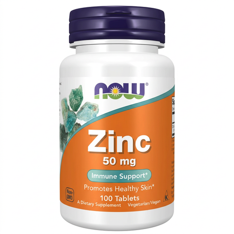 Zinc 50 mg NOW em fundo branco