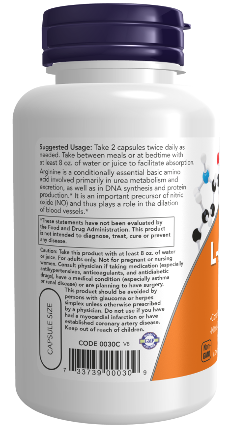 L-arginina 500 mg NOW Foods – 100 cápsulas vegetais – imagem 3