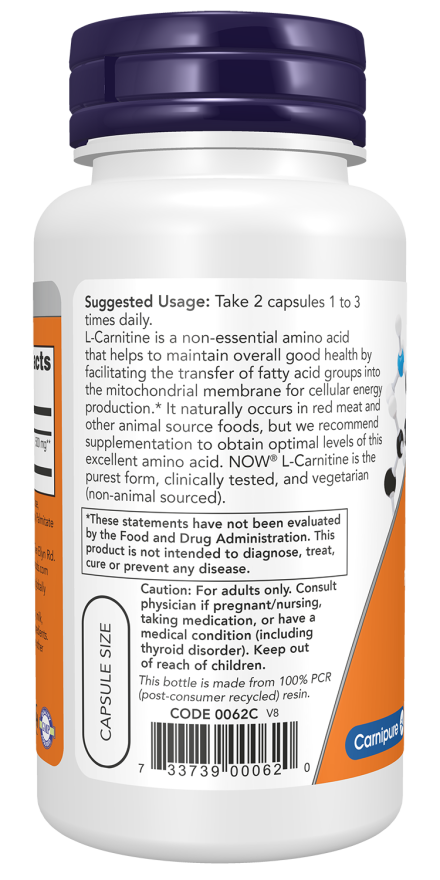 L-carnitina 250 mg NOW Foods – 60 cápsulas vegetais – imagem 3