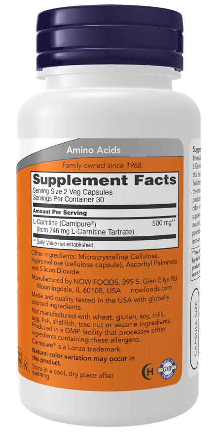 L-carnitina 250 mg NOW Foods – 60 cápsulas vegetais – imagem 2