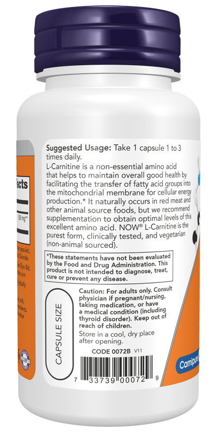 L-carnitina 500 mg NOW Foods – 60 cápsulas vegetais – imagem 3