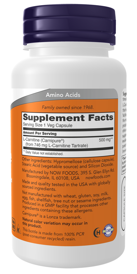 L-carnitina 500 mg NOW Foods – 60 cápsulas vegetais – imagem 2