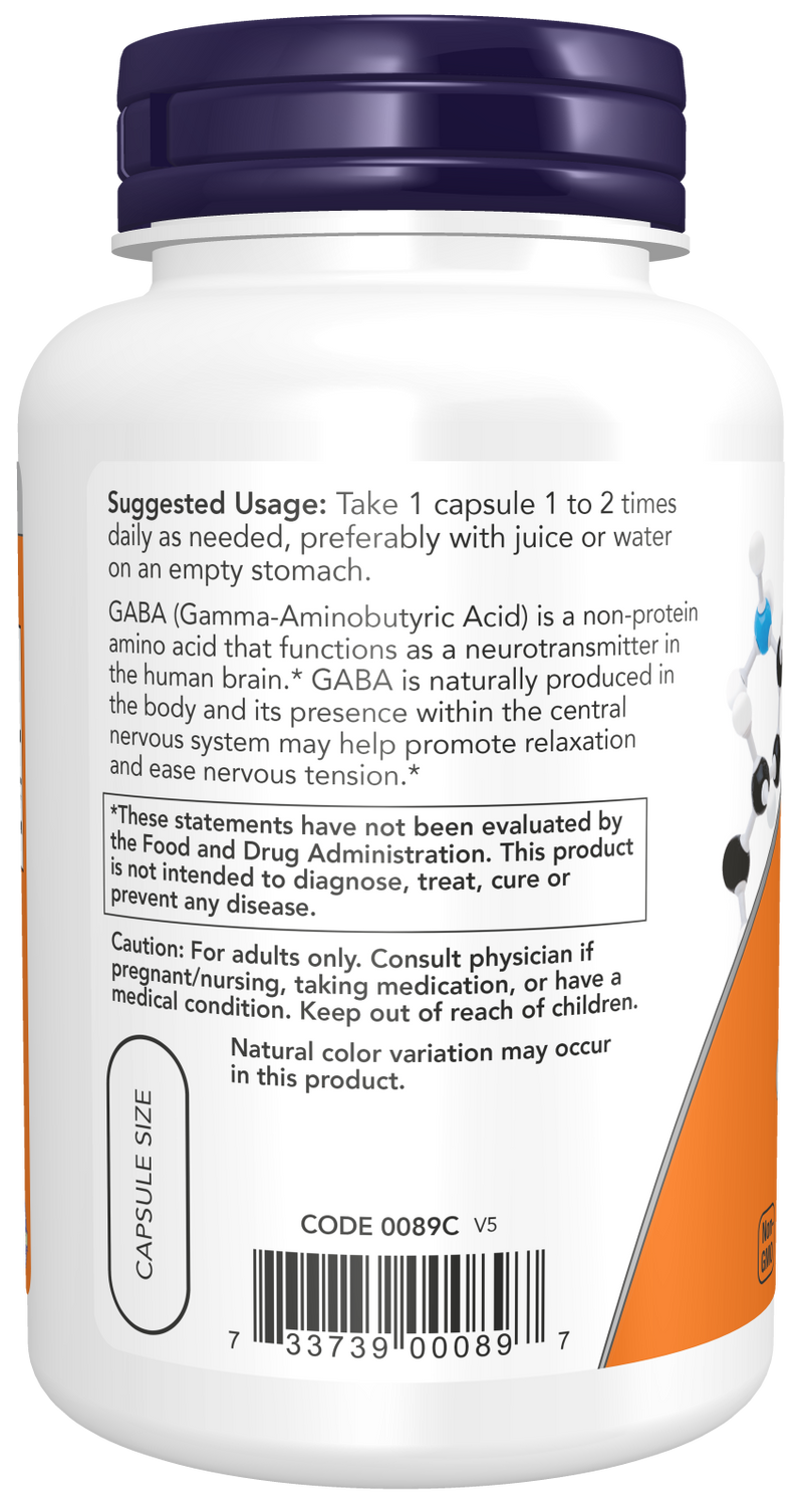 GABA 750 mg NOW Foods – 100 cápsulas vegetais – imagem 3