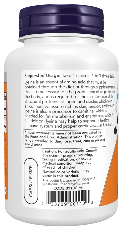 L-lisina 500 mg NOW Foods – 100 cápsulas vegetais – imagem 3