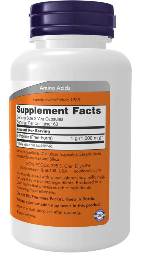 L-prolina 500 mg NOW Foods – 120 cápsulas vegetais – imagem 2