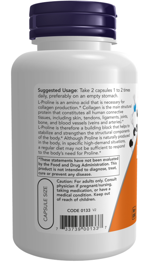 L-prolina 500 mg NOW Foods – 120 cápsulas vegetais – imagem 3