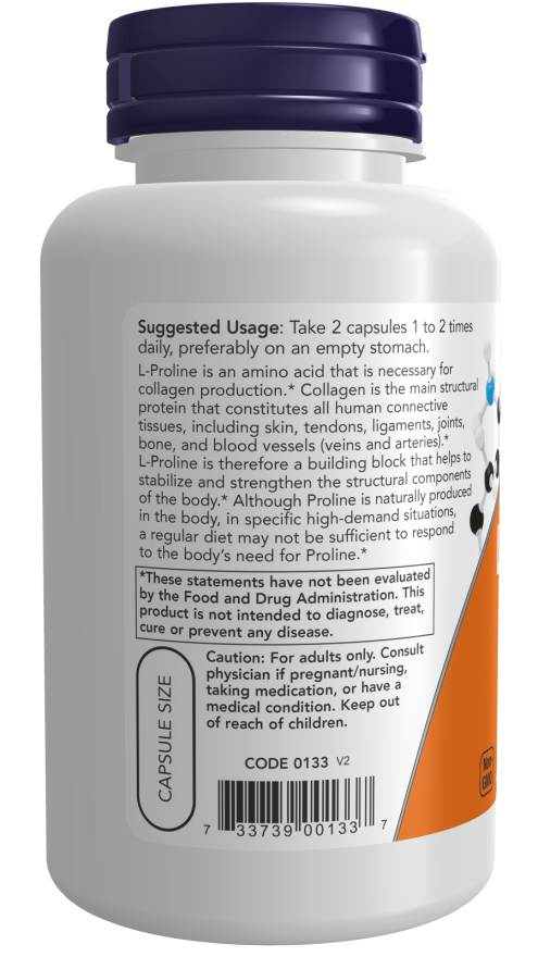 L-prolina 500 mg NOW Foods – 120 cápsulas vegetais – imagem 3