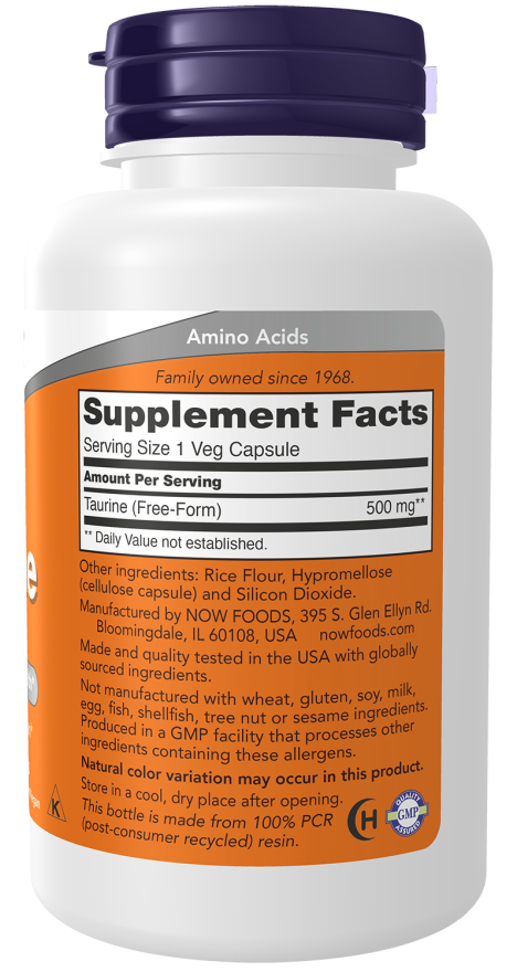 Taurina 500 mg 100 Caps Now Foods - Viva Saudável